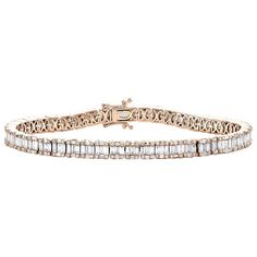 A new sophisticated and elegant look added to our diamond bracelet collection is this Statement Link Tennis Bracelet. Casted in solid 14K Rose Gold and genuine diamonds. Well built, this bracelet has sturdy frame for durability for comfort fitting. All round and baguette cut diamonds are in Prong and Invisible setting, making the overall appearance larger and lustrous. This statement piece will make a great addition to your jewelry collection. Radiant with 4.80 ct. t.w. of natural White diamonds Rose Gold Baguette Cut Diamond Bracelet, Fine Jewelry Rose Gold Diamond Bracelet With Baguette Cut, Formal Baguette Diamond Bracelet With Accents, Elegant Rose Gold Baguette Cut Diamond Bracelet, Elegant Baguette Cut Rose Gold Diamond Bracelet, Formal Baguette Cut Tennis Bracelet With Baguette Diamonds, Elegant Rose Gold Baguette Cut Tennis Bracelet, Formal Rose Gold Baguette Cut Bracelet, Elegant Rose Gold Baguette Diamond Tennis Bracelet