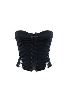 Tube corset top featuring front poplin string lace up details Back zipper closure We recommend wearing pasties or no bra with this garment Runs true to size Black Corset Top Strapless, Corset Top Lace Up, Bra And Shirt Outfit, Front Lace Up Top, Red Corset Top, Lace Tube Top, Black Corset Top, Gothic Tops, Corset Shirt