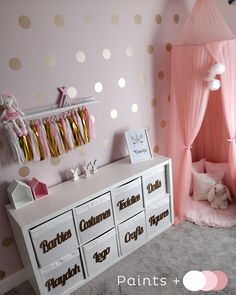 a pink and gold girls bedroom with polka dot wallpaper on the walls, white dressers in front of a canopy bed