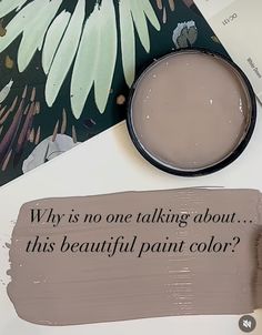 a paint can sitting on top of a table next to a sign that says, why is one talking about this beautiful paint color?