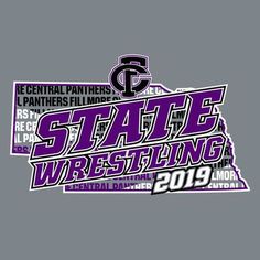 the logo for state wrestling in purple and black on a gray background with white lettering