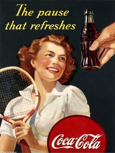 an advertisement for coca - cola with a woman holding a tennis racket and bottle