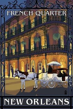 an image of a horse drawn carriage in front of a building with the words new orleans on it