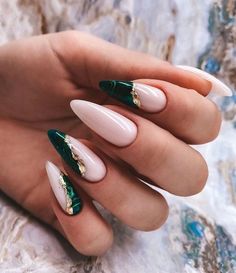 Emerald Green And White Nails, Green And White Nails, Emerald Nails, Green Nail, Her Nails, Marble Nails, Nail Polishes