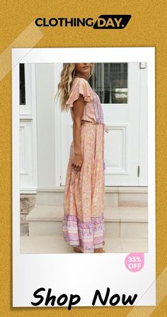 Boho Print Button Tassesl Maxi Dress Pink Buttoned Maxi Dress For Vacation, Pink Short Sleeve Maxi Dress With Buttons, Pink Buttoned Maxi Dress For Summer, Pink Bohemian Dress With Buttons, Bohemian Pink Dress With Buttons, Pink Maxi Dress With Buttons For Beach, Pink Beach Maxi Dress With Buttons, Boho Print, Shop Now