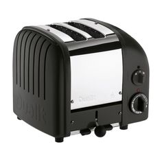 a black and white toaster sitting on top of a counter