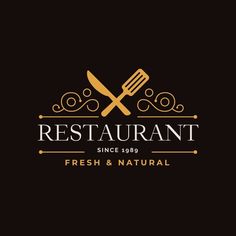 a restaurant logo with a knife and fork on the black background, for fresh and natural food