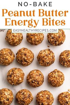 no - bake peanut butter energy bites on a white plate with text overlay