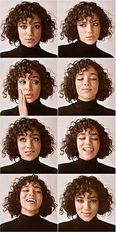 many different pictures of a woman's face with curly hair and facial expressions on her face