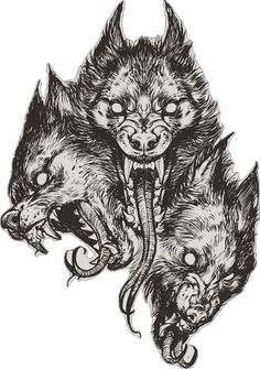 three wolfs with their mouths open and fangs out