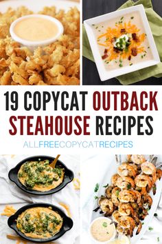 the cover of 19 copycat outback steakhouse recipes, including shrimp and other appetizers