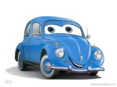 a blue car with big eyes on it's face