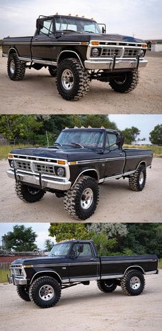 four different pictures of the front and rear sides of a black pickup truck with large tires