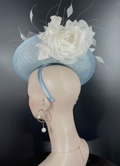 Powder Blue W Ivory Sinamay Disc Fascinator Hat With Jumbo Goose Feather Flower and Silk Flower - Etsy Elegant Adjustable Flower Fascinator, Elegant Flower-shaped Adjustable Fascinator, Spring Adjustable Sinamay Fascinator, Elegant Flower Headpiece For Kentucky Derby, Elegant Adjustable Flower Mini Hats, Elegant Flower Headpieces For Kentucky Derby, Adjustable Sinamay Headpiece For Spring, Handmade Flowers Fascinator For Formal Occasions, Spring Flower Fascinator For Formal Occasions