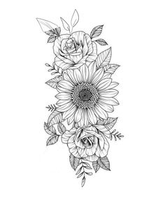 a black and white drawing of sunflowers with leaves on the bottom right side