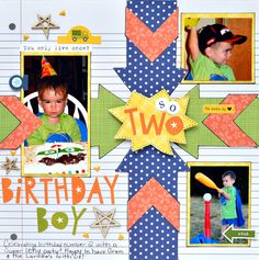 a scrapbook page with two pictures of a boy in a birthday hat, and an arrow