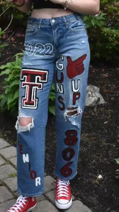 Red White And Blue Jeans Diy, College Jeans, Painted Jeans College, College Jeans Painted, Cheer Painted Jeans, Painted Jeans School Spirit Senior, Spirt Jeans Homecoming, Homecoming Jeans Ideas