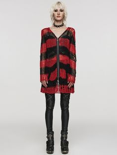 Black and Red Gothic Punk Striped Distressed Cardigan Sweater for Women - Devilnight.co.uk