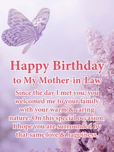 happy birthday to my mother - in - law greeting card with butterfly on purple flowers