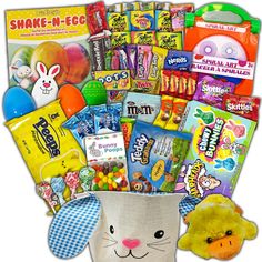 a basket filled with lots of candy and snacks