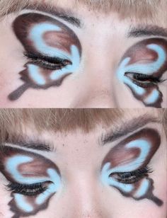 Blue Eyeshadow 80s, Creative Colorful Makeup, Brown Eyes Blue Makeup, Funky Makeup Looks Eyeshadows, Weird Eye Makeup, Moth Inspired Makeup, Oc Side Profile, Creative Eye Makeup Design