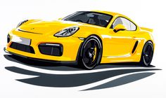 a drawing of a yellow sports car on a white background