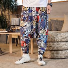 Men's Summer Pants Baggy Beach Pants Harem Pants Boho Pants Elastic Waist Print Comfort Breathable Casual Daily Beach Chinese Style Hippie Dark Blue / Red Yellow Micro-elastic Casual Harem Bottoms With Elastic Waistband, Casual Harem Bottoms For Vacation, Casual Harem Bottoms For Beach, Casual Ankle-length Harem Pants For Beach, Casual Ankle-length Festival Bottoms, Multicolor Ankle-length Harem Pants With Elastic Waistband, Multicolor Ankle-length Bottoms For Summer, Red Non-stretch Casual Harem Pants, Baggy Tapered Leg Harem Pants For Summer