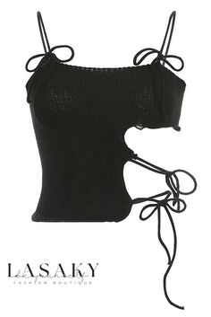 the back of a black top with laces on it's shoulders and shoulder