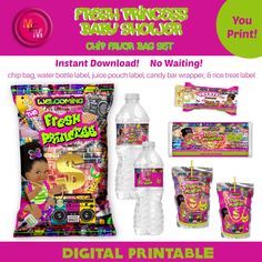 an advertisement for fresh princess party supplies with the text instant printable, no waiting