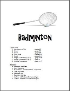 badminton racket and ball on white paper with black text that reads badminton, badminton