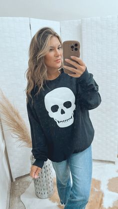 ETA APPROX 5-10 BIZ DAYS- CUSTOM MADE TO ORDER skull is glow in the dark unisex fit sweatshirt Lindsey is 5’1 size 3/4 pictured in a large for oversized fit PLEASE NOTE RETURNS ARE FOR STORE CREDIT. Halloween Skull Sweatshirt For Streetwear, Halloween Skull Sweatshirt Streetwear, Black Crew Neck Sweatshirt With Skull Print, Halloween Cotton Sweatshirt With Skull Print, Cotton Band Merch Sweatshirt With Skull Print, Oversized Long Sleeve Sweatshirt With Skull Print, Oversized Long-sleeve Sweatshirt With Skull Print, Relaxed Fit Skull Print Sweatshirt With Crew Neck, Edgy Skull Print Sweatshirt For Fall