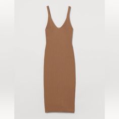 Super Soft And Stretchy Rib Knit Calf Length Dress In A Buttery Caramel Color. The Perfect Neutral For All Seasons. Brown Ribbed V-neck Dress, Brown V-neck Ribbed Dress, Brown Ribbed Knit Dress, Brown Ribbed Midi Dress For Summer, Calf Length Dress, Caramel Color, Knit Midi, Knit Midi Dress, Hm Dress