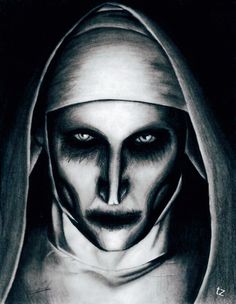 a black and white drawing of a nun with blood on it's face, wearing a hood