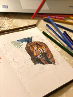 a drawing of a tiger sitting on top of a table next to colored pencils