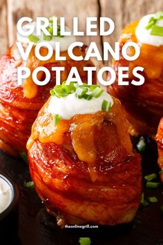 grilled volcano potatoes with sour cream and chives on top are the perfect appetizer for any party