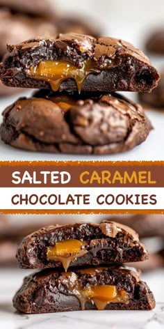 salted caramel chocolate cookies are stacked on top of each other with the words salted caramel above them