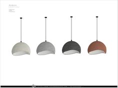 three hats hanging from the ceiling in different colors and sizes, with one light on each side