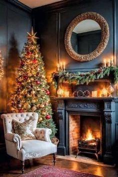 a living room decorated for christmas with a fireplace