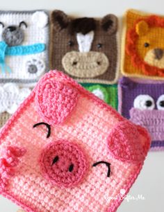 a crocheted pig is shown in front of four different colored squares with faces on them