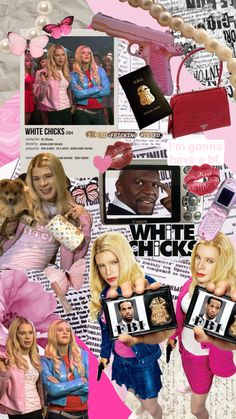 a collage of photos with barbies and other things on it, including pink