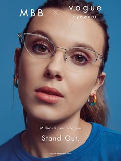 a woman wearing glasses with the words,'stand out'in front of her face