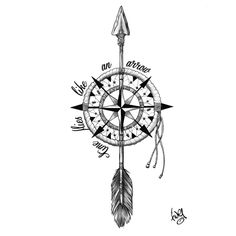 a black and white drawing of a compass with an arrow on the side, surrounded by words