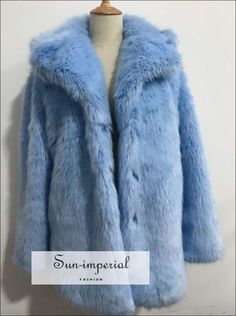 Light Blue Shaggy Women Faux Fur Jacket Mid Length Coat Light Blue Fur Coat, Solid Faux Fur Outerwear For Winter, Blue Solid Color Outerwear For Fall, Blue Outerwear For Fall, Blue Solid Color Fall Outerwear, Blue Fur Coat With Faux Fur Lining For Fall, Trendy Blue Long Coat, Blue Winter Outerwear With Faux Fur Trim, Blue Fur Coat With Faux Fur Trim