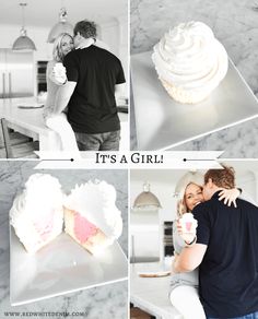 a man and woman standing next to each other in front of a cupcake with frosting on it