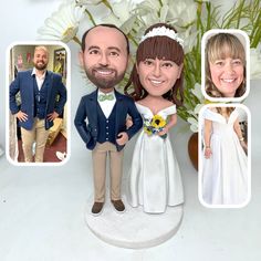 a wedding cake topper with two people and flowers in front of it, including a bride and groom