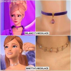 three pictures of barbie dolls and necklaces with the name delance's necklace