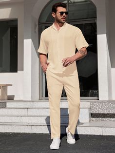 Apricot Casual Collar   Plain  Embellished Non-Stretch  Men Clothing Semi Casual Men Outfits Summer, Summer Business Casual Outfits Men, Night Club Outfits Men, Linen Outfit Men, Dinner Outfit Men, Club Outfits Men, Urban Fits, Men Dress Outfits, Semi Casual Outfit