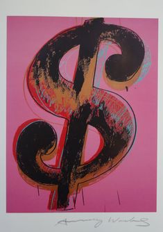 a pink and black painting with a dollar sign on it's side, against a pink background