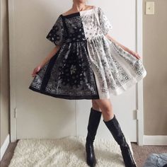 "Handmade Bandana Dress Split Half&Half Black&White. 100% handmade in Houston, Texas Made to order. Sizes XS to 5X. Approximate measurements of SIZE L laying flat: Pit to pit: 19.5\". Pit to hem: 25\". Shoulder to hem: 35.5\". Waist: 19.5\". Seen on 5'5\" tall. Style: - 100% Cotton - The dress can be worn to either side.  - Unlined. - No pockets.(Leave a note if you need side pockets XD) Sizing(I can make this dress in any sizes upon request):  Feel free to REQUEST CUSTOMIZED Order. You will need to include your actual bust, waist and length requirements in inches. All the bandanas are brand new & not pre washed, they may shrink about a half inch after the first washing. Choose a size up OR leave a note requesting for pre washing. Shipping: Shipping from Houston, Texas. It will take 3 days Bandana Dress, Dresses Handmade, White Bandana, Half And Half, Upcycled Fashion, Black & White, Houston Texas, Babydoll Dress, Upcycle Clothes