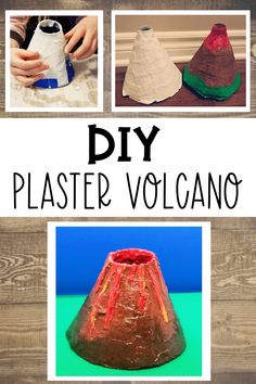 three different pictures with the words diy plaster volcano